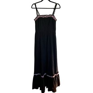 Handmade Black Eyelet Maxi Dress with Floral Lace Accents